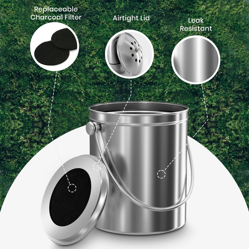 Utopia Kitchen Indoor Compost Bin Kitchen, Odorless Composting with Charcoal Filter, 1.3 Gallon Stainless Steel Large Composter for Countertop & Under Sink, Easy Cleaning, One Extra Filter - (Silver) - Image 4